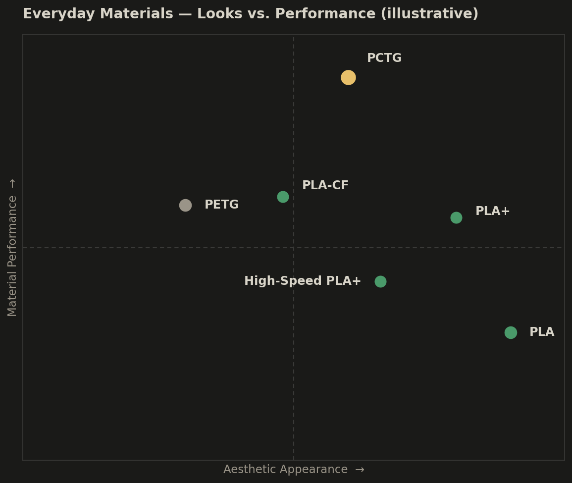 Aesthetic appearance vs material performance across PLA, PLA+, High-Speed PLA+, PLA-CF, PETG, and PCTG