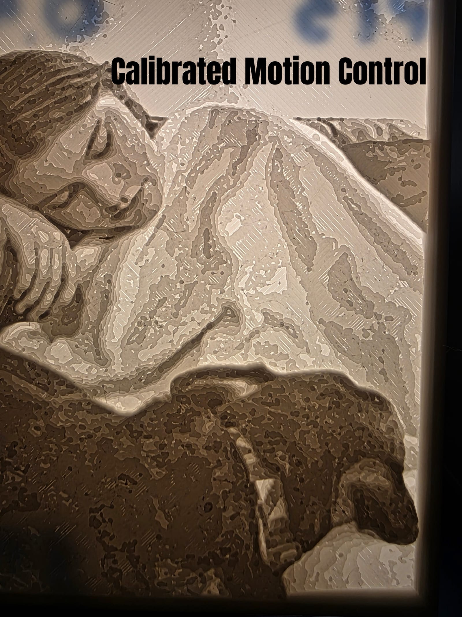 Lithophane print at pass 2, after machine motion calibration, showing smoother but still rough gradients